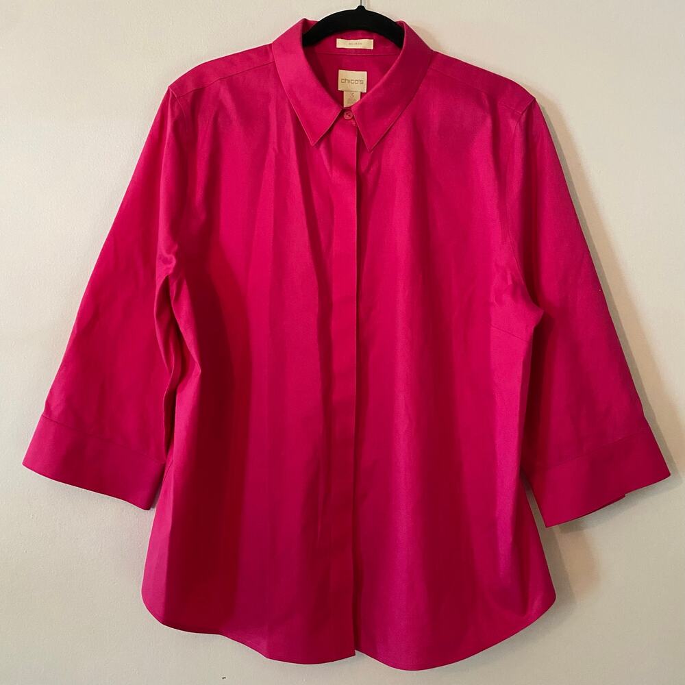 Chico's Hot Pink No-Iron Button Down Shirt 3/4 Sleeve Women's size 3 / Large